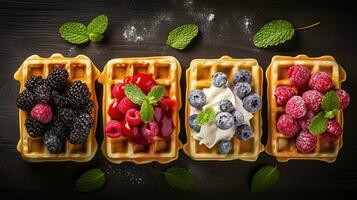 Generative AI, Assorted Belgian waffles with fruit and syrup, sweet baked dessert photo