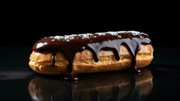 Generative AI, Chocolate eclairs side view, sweet food. Traditional french dessert photo