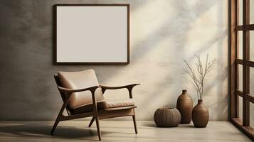 Generative AI, Poster frame mockup in beige and brown living room interior, wabi sabi minimalism style photo