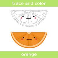 Educational worksheet Trace and color cute kawaii orange. vector