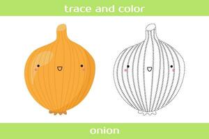 Educational worksheet Trace and color cute kawaii onion. vector