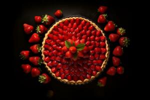 Strawberry pie on a dark table with strawberry, top view. Homemade cakes with berry.  AI Generative photo