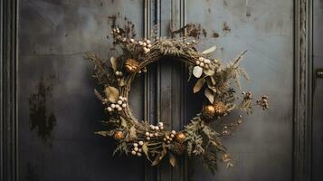 Generative AI, Stylish autumn rustic wreath close up, aesthetic muted colors photo
