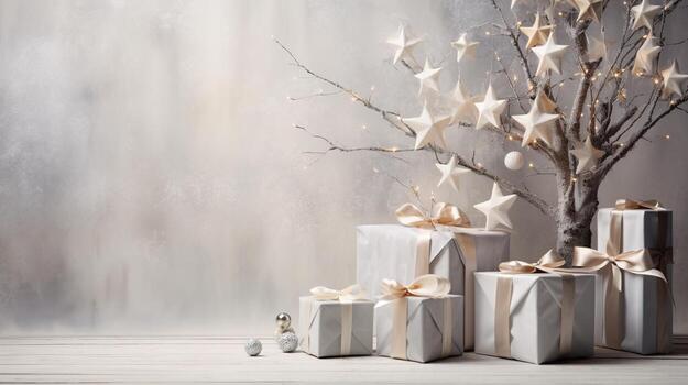 generativo ai, Navidad o nuevo año minimalista antecedentes con regalo cajas, plata y dorado bokeh luces, apagado colores foto