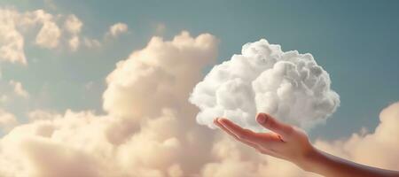 Generative AI, hand holding cloud, sky background. The development of the imagination concept photo
