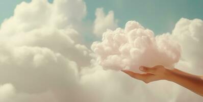 Generative AI, hand holding cloud, sky background. The development of the imagination concept photo