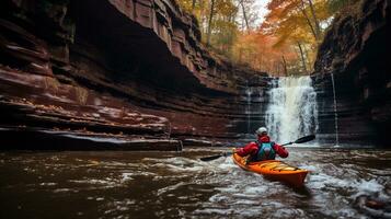 Generative AI, kayak raft river waterfall, extreme sport concept, whitewater kayaking photo