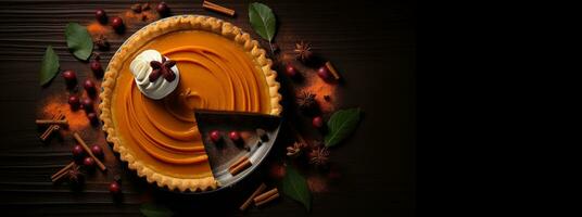 Generative AI, Homemade american traditional pumpkin pie, top view photo