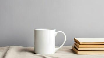 Generative AI, White ceramic cup set-up in at home interior, mug mock up blank, muted neutral colors. photo