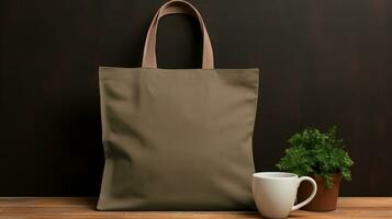 Generative AI, Realistic khaki tote canvas fabric bag set-up in at cafe interior, shopper mock up blank. photo