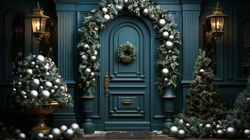 Generative AI, Front door with Christmas decoration, wreath and garland. Red and grey colors photo