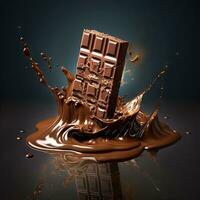 Chocolate bar splashing and melting, generative ai photo