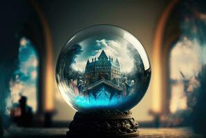 Crystal ball showing haunted paranormal scene. Generative AI photo