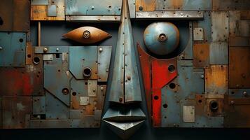 Generative AI, Abstract robotic face on rusty vintage metal background, geometric shapes photo