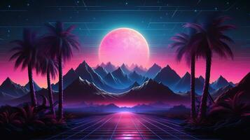 generativo ai, Años 80 retro futurista ciencia ficción., nostálgico años 90 noche y puesta de sol neón colores, cyberpunk Clásico ilustración. sol, montañas y palmas retrowave vj videojuego paisaje.. foto