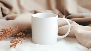 Generative AI, White ceramic cup set-up in at home interior, mug mock up blank, muted neutral colors. photo