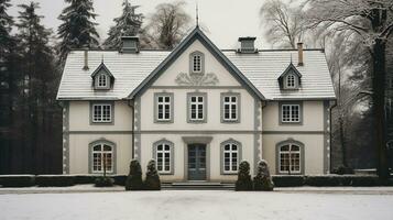 Generative AI, House front in the winter with Christmas decoration, wreath and garland. Snow cosy season photo