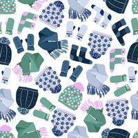 Seamless vector knitted winter hat, mittens, scarf and socks pattern. Stylish fashion garment background for fabric.