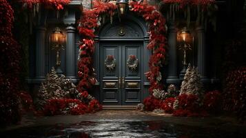 Generative AI, Front door with Christmas decoration, wreath and garland. Red and grey colors photo