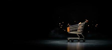 Generative AI, golden shopping cart on dark background with glittered bokeh, Black Friday concept, discount and sale. photo