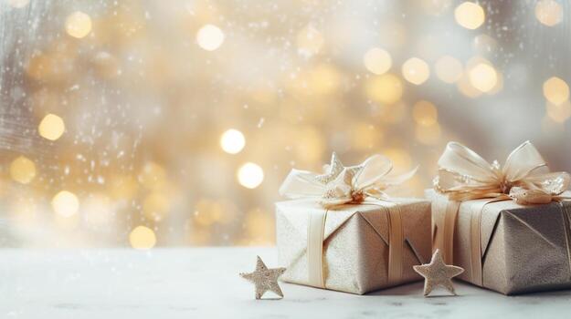 generativo ai, Navidad o nuevo año minimalista antecedentes con regalo cajas, plata y dorado bokeh luces, apagado colores foto