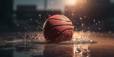 Generative AI, Basketball ball on the court with water splash and sunlight, closeup photo