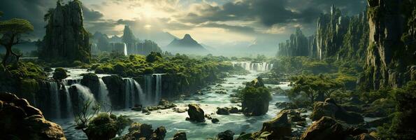 Generative AI, Beautiful green amazon forest landscape, rainforest jungle with waterfalls photo