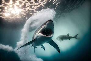 tiburón atrapando pescado submarino, caza en el océano. generativo ai foto