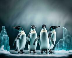 pingüino grupo en derritiendo iceberg, global calentamiento generativo ai foto