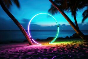 Neon light circle on tropical beach at night, summer party. Generative AI photo