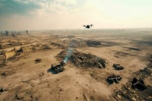 Drone UAV flying above bombarded battlefield, Ukraine Russia war, Generative AI photo