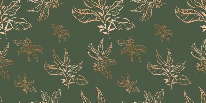 Seamless pattern with hand drawn  gold leaves and branches. Perfect for wallpaper, wrapping paper, web sites, background, social media, blog, presentation and greeting cards. vector