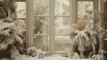 Generative AI, Garden in winter and Christmas home decoration, muted colors, holiday photorealistic aesthetic background photo