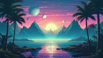 Generative AI, 80s retro futuristic sci-fi., nostalgic 90s. Night and sunset neon colors, cyberpunk vintage illustration. Sun, mountains and palms. Retrowave VJ videogame landscape.. photo