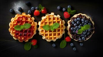 Generative AI, Assorted Belgian waffles with fruit and syrup, sweet baked dessert photo