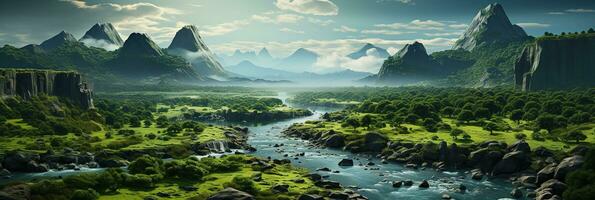 Generative AI, Beautiful green amazon forest landscape, rainforest jungle with waterfalls photo