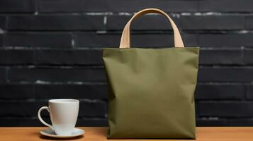 Generative AI, Realistic khaki tote canvas fabric bag set-up in at cafe interior, shopper mock up blank. photo