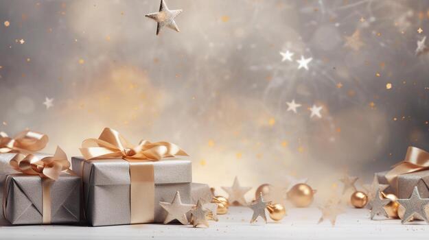 generativo ai, Navidad o nuevo año minimalista antecedentes con regalo cajas, plata y dorado bokeh luces, apagado colores foto