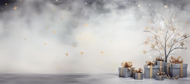 generativo ai, Navidad o nuevo año minimalista antecedentes con regalo cajas, plata y dorado bokeh luces, apagado colores foto