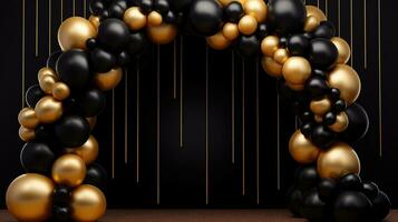 Generative AI, arch of black and golden balloons. Mock up for Black Friday or other holiday 3d background photo