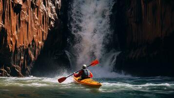 generativo ai, kayac balsa río cascada, extremo deporte concepto, agua Blanca kayak foto