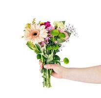 Flowers bouquet in hand in giving gesture isolated on transparent white background photo