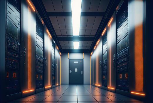 Computer network server room or data center, generative ai photo