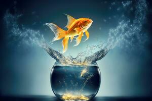 Gold fish jumping out of the splashing water. Generative AI photo