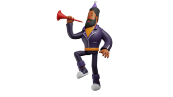 3D Illustration. Talented Men 3D cartoon character. A bearded man is playing a trumpet at a birthday party. A friendly man shows his expertise in playing music. 3D cartoon character png