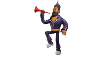 3d illustration. begåvad män 3d tecknad serie karaktär. en skäggig man är spelar en trumpet på en födelsedag fest. en vänlig man visar hans expertis i spelar musik. 3d tecknad serie karaktär png