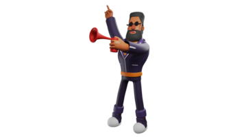 3d illustration. agile Hommes 3d dessin animé personnage. une barbu homme portant des lunettes de soleil. cool Hommes prendre plaisir une très content faire la fête. le barbu homme brûlé le trompette cette il a été holding. 3d dessin animé personnage png