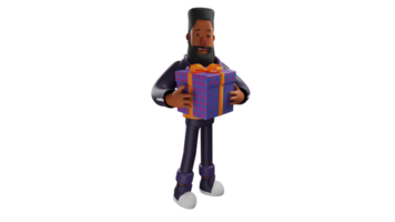 3D Illustration. Men kind -hearted 3D Cartoon Character. A romantic bearded man holds a box of gifts. A cool man will give a gift to his friend who is having a birthday. 3D cartoon character png