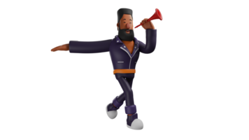 3d illustration. attrayant barbu homme 3d dessin animé personnage. une homme animé le fête par en jouant le sien trompette. adulte Hommes qui comme divers formes de célébrations. 3d dessin animé personnage png