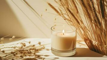Generative AI, burning candle on beige background. Aesthetic muted composition dry flowers, textile. Home interior, comfort, spa, relax and wellness concept. photo